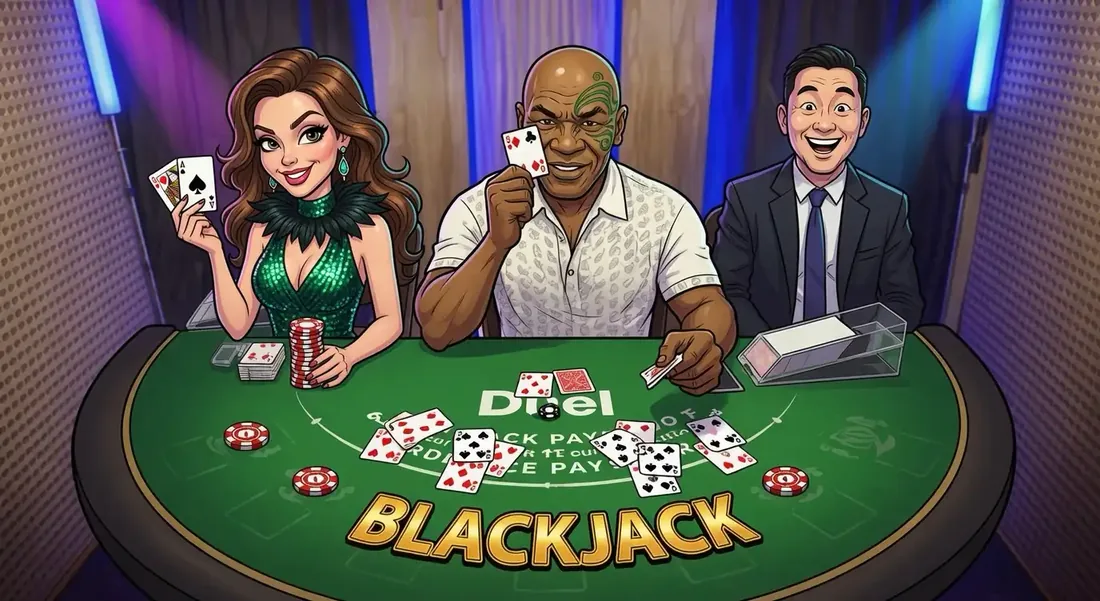 Mike Tyson at the Duel Blackjack table, holding two aces beside the dealer and host