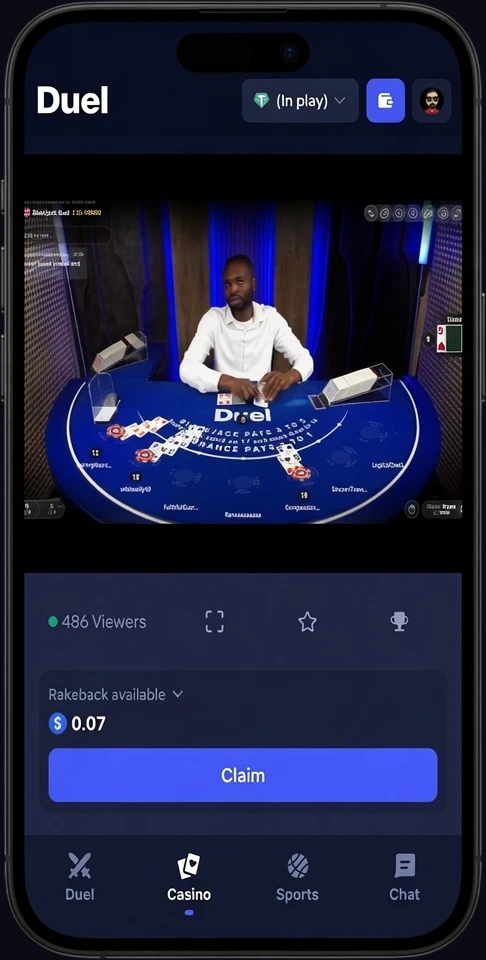 Duel Live Blackjack on a phone screen showing the live dealer stream, 486 viewers and a rakeback claim button in the mobile app layout