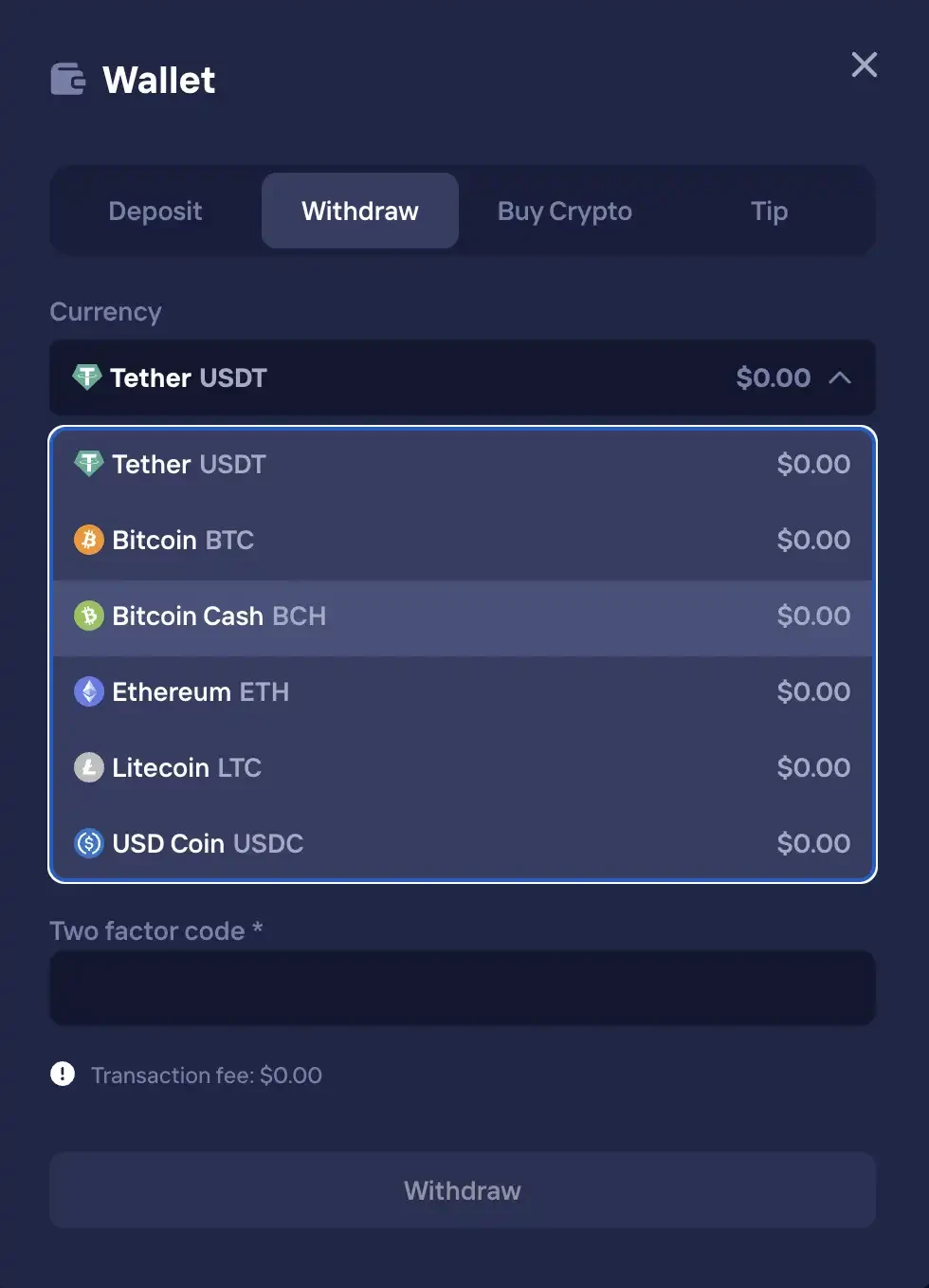 Duel Casino Wallet withdraw screen with the currency selector open showing USDT, BTC, BCH, ETH, LTC and USDC, a two factor code field and a zero transaction fee